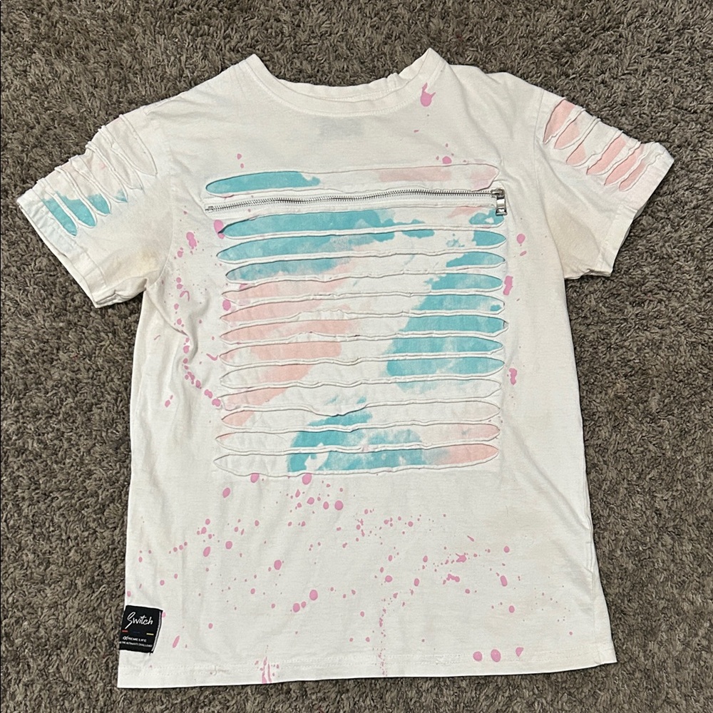 White Streetwear Tee with Pink and Blue Splatter